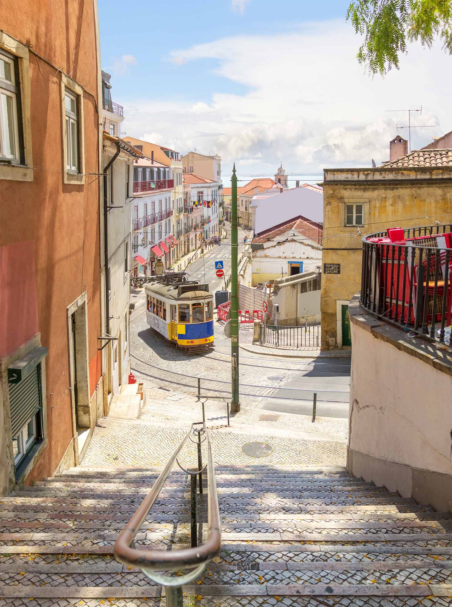 A tram in the traditional neighbourhood of Alfama in Lisbon