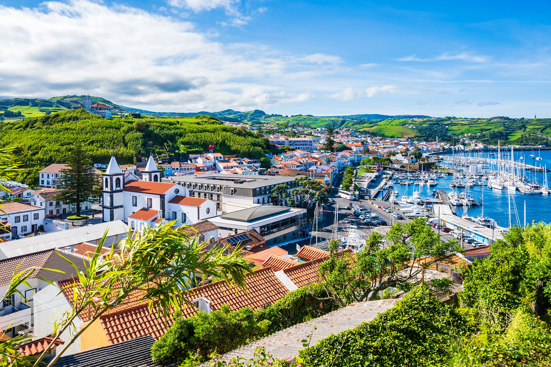 View of a town in Horta and the port on the Azores