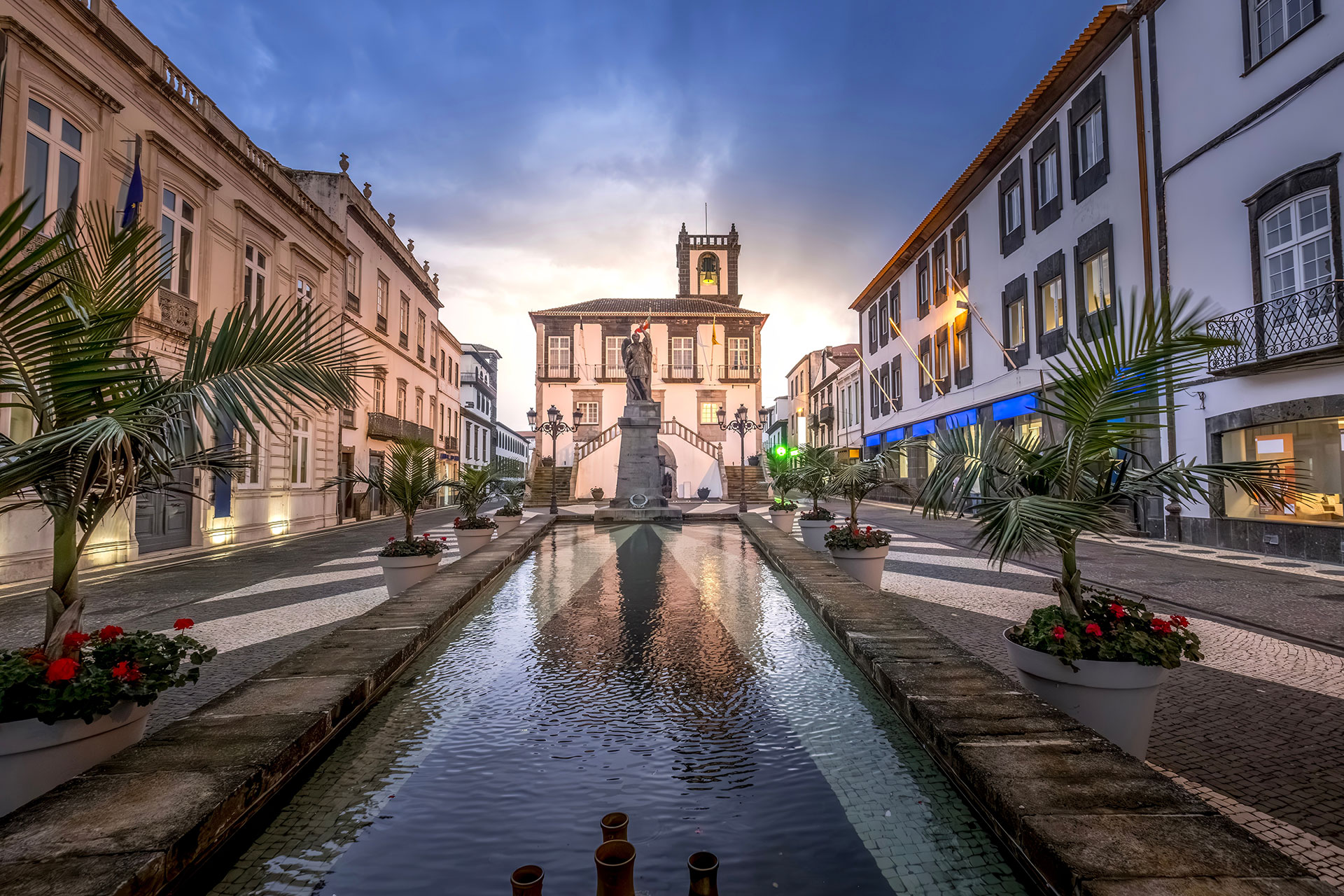 Ponta Delgada city hall with bell tower in the capital of the Azores