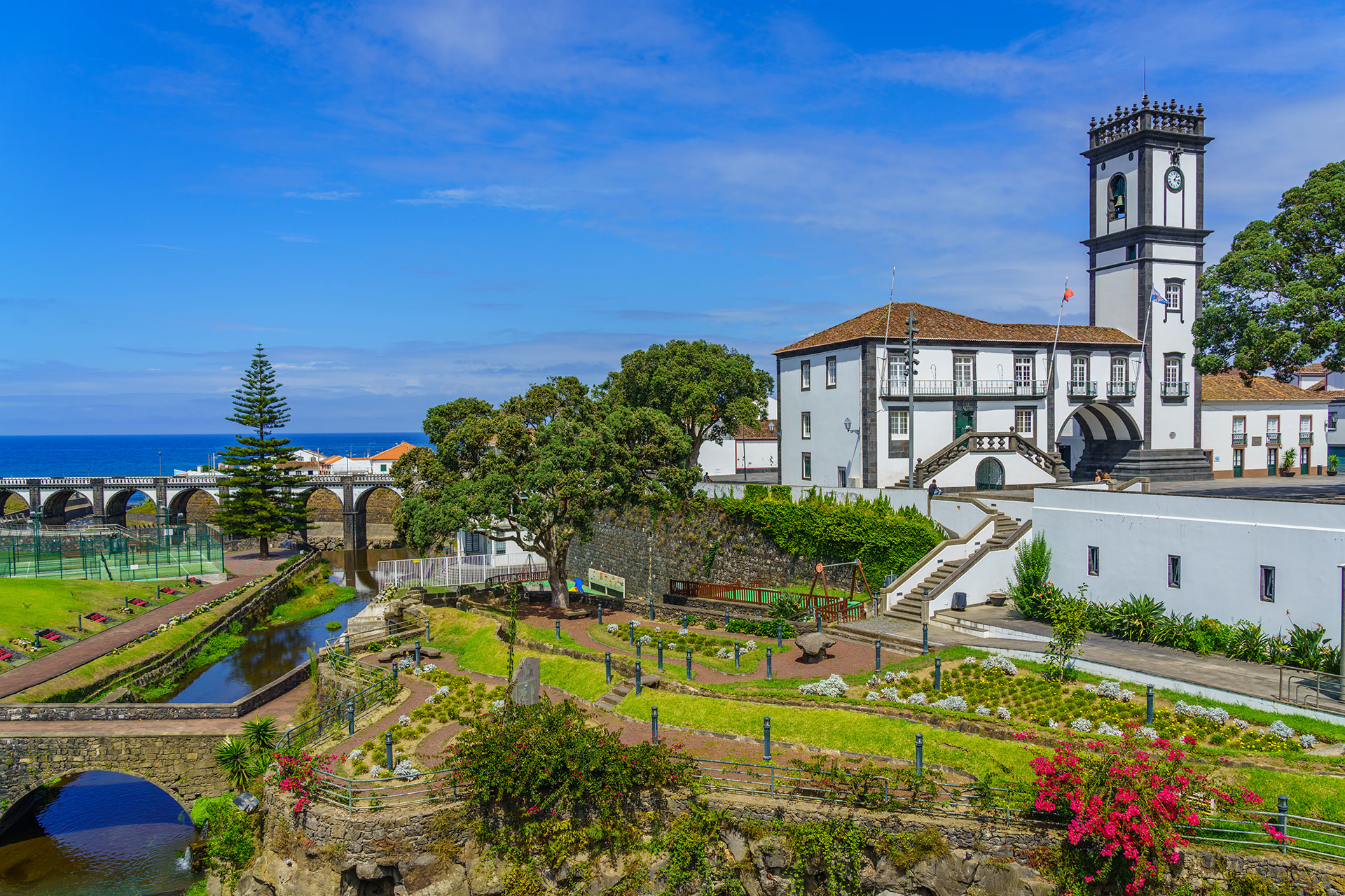 Panoramic cityscape view to the municipality and central square of Ribeira Grande