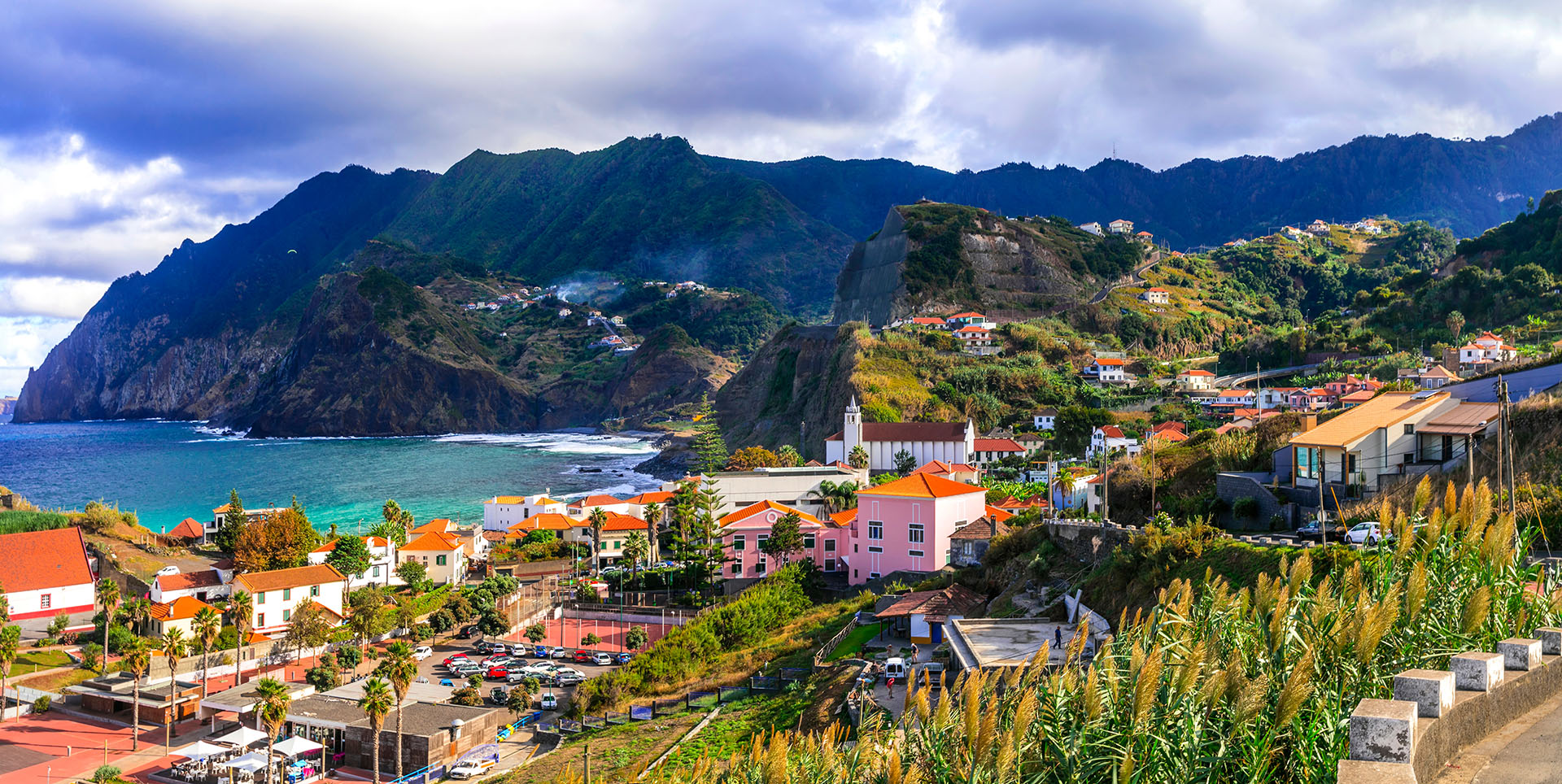 Panoramic and picturesque view of the idyllic coastal village of Porto da Cruz on island of Madeira