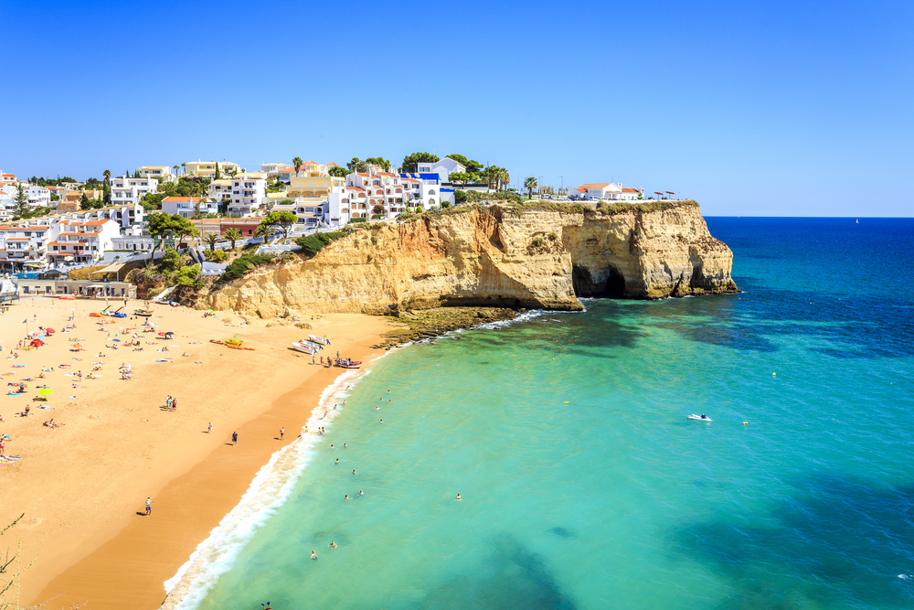 A view over a beach and town in the Algarve, Portugal
