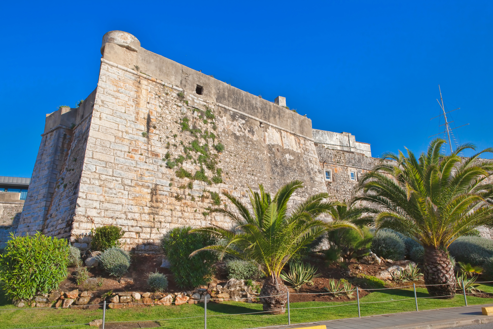Low-angle view of a historic stone fortress wall with green shrubs and palm trees at its base
