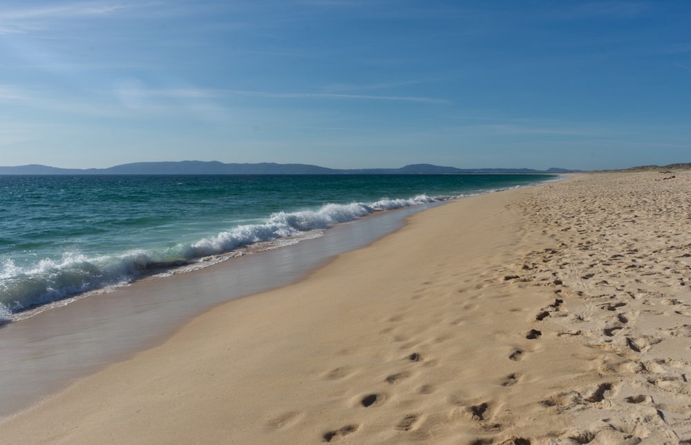 Footprints in the sand lead toward waves crashing on a long, empty beach under a clear sky