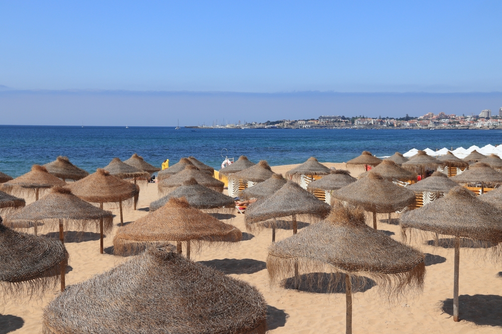 A sunny Portuguese beach crowded with thatched straw umbrellas facing a calm blue sea