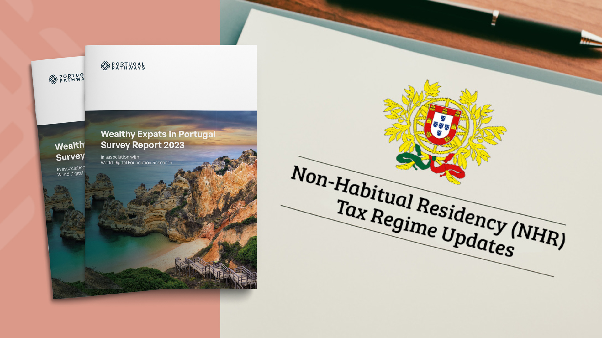 A 2023 survey report on wealthy expats in Portugal next to an NHR tax regime update