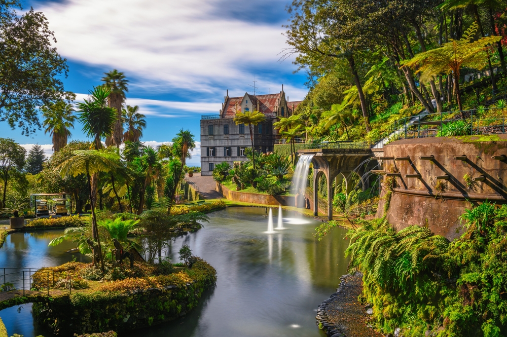 Waterfall and central lake at the Monte Palace Tropical Garden in Funchal, Madeira