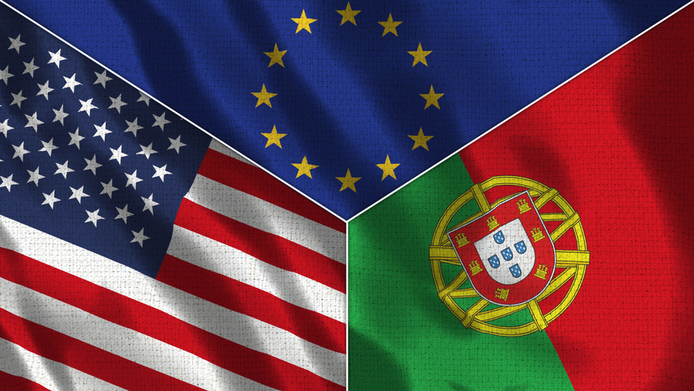 National flags of the United States, European Union and Portugal joined together