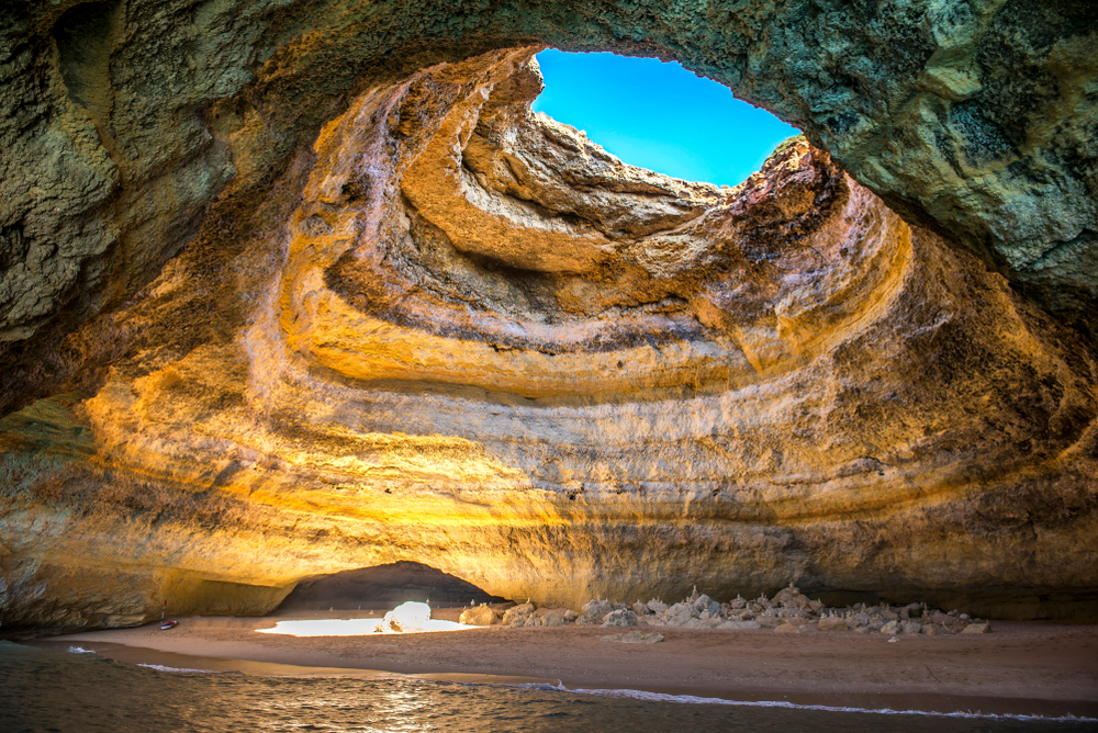 View from inside Benagil Cave in the Algarve, Portugal