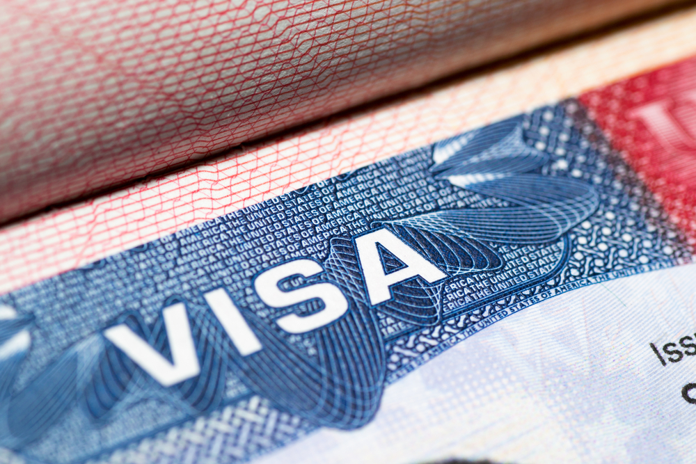 Close up of a United States travel visa inside a passport page