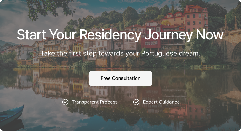 Scenic riverside town in Portugal with colorful buildings reflected in water with CTA text on it