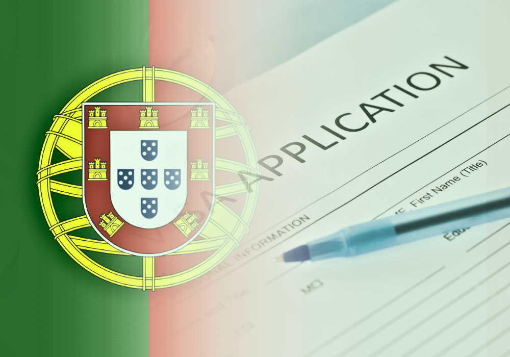 Portuguese application form for residency or visa overlaid with the national flag and a pen