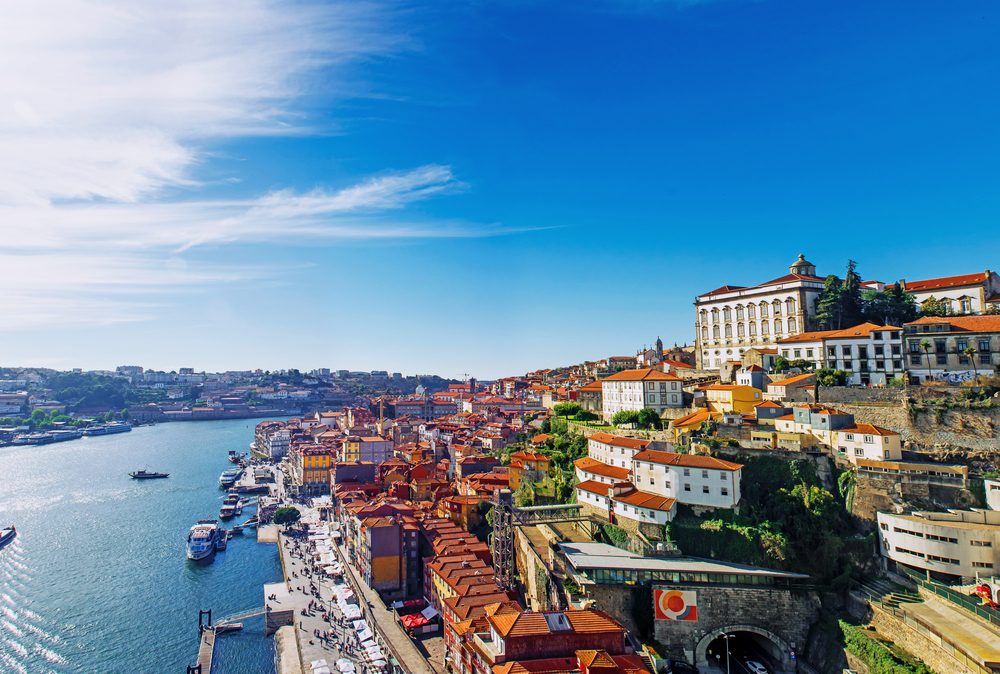 Porto old town skyline from Dom Luis bridge on the Douro River