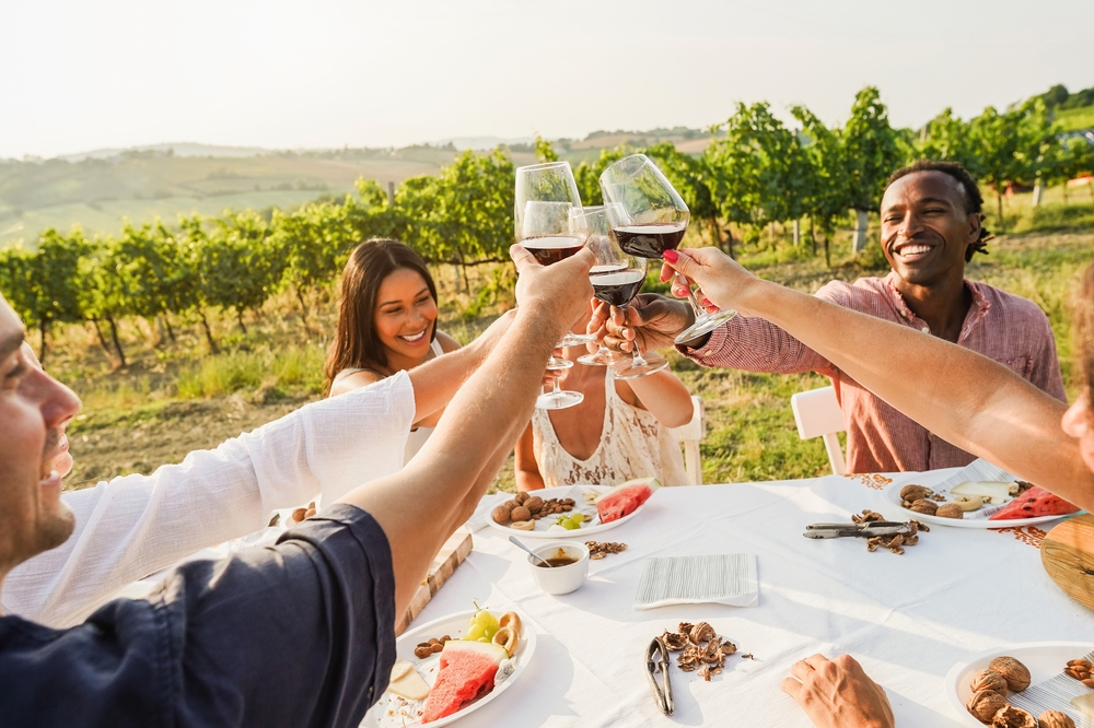 Friends and family having a meal at a vineyard