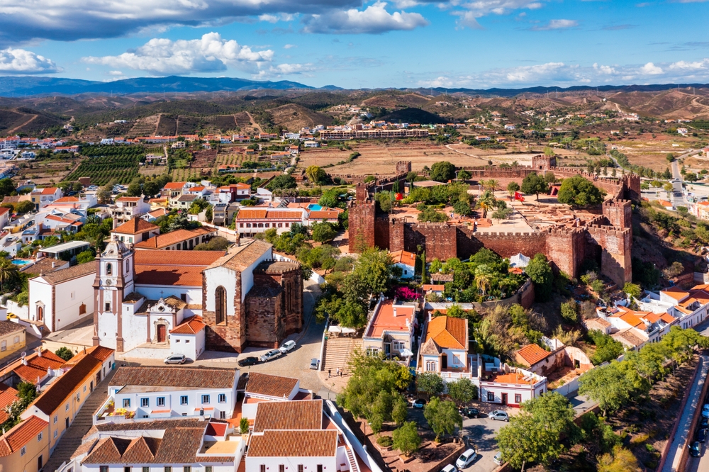 View of Silves town buildings with famous Medieval castle and cathedral