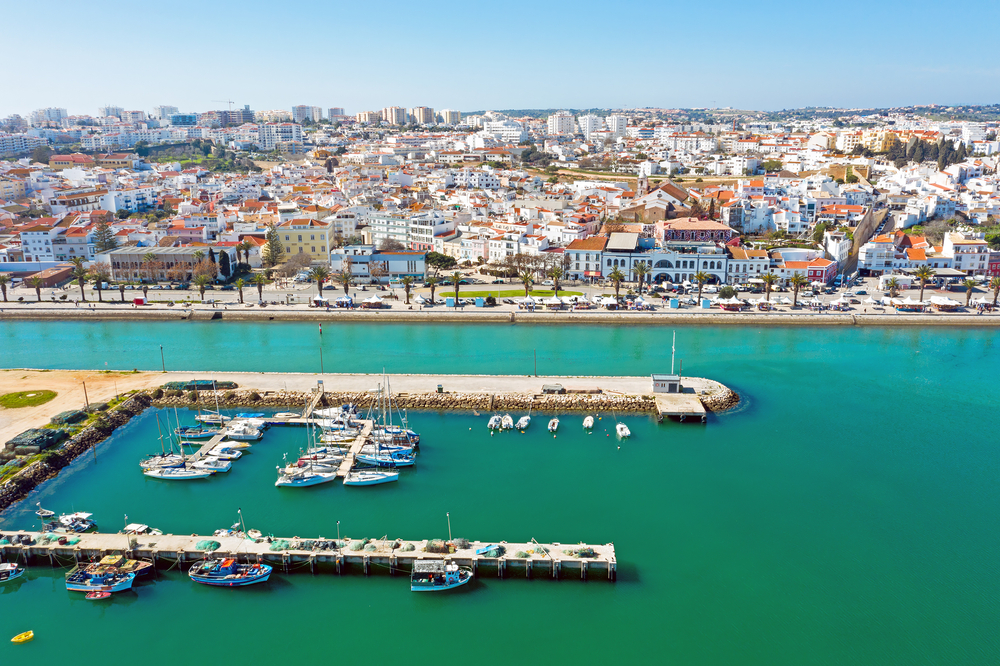 High-angle view of white and blue fishing boats in a turquoise marina with a town behind
