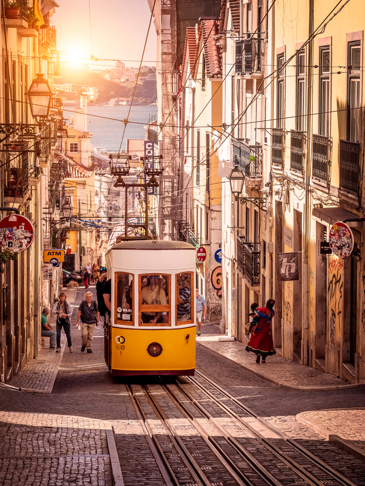The traditional Portuguese Funicular going up the steep hills of Lisbon in Portugal