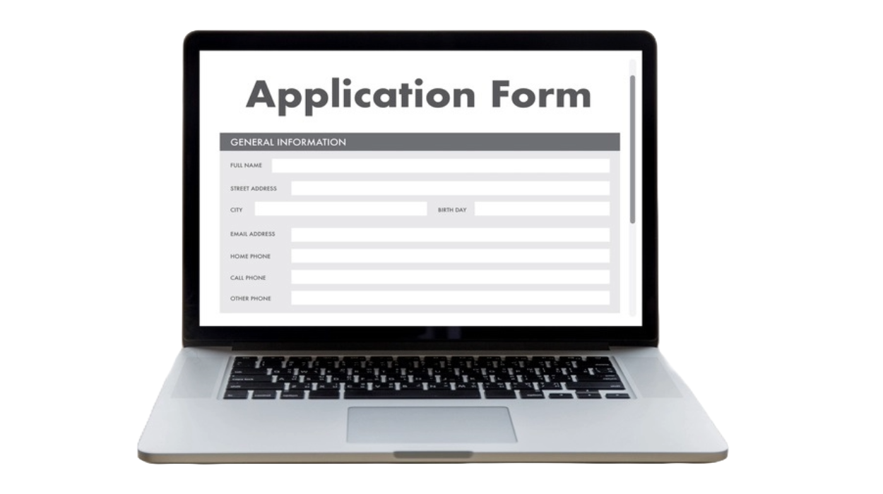 Laptop computer artwork displaying a digital application form on its screen
