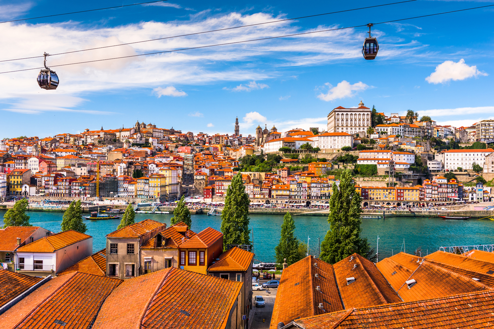 Porto cable car above the old town on the Douro River