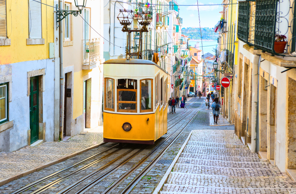 A view of the incline and yellow Bica tram in Lisbon