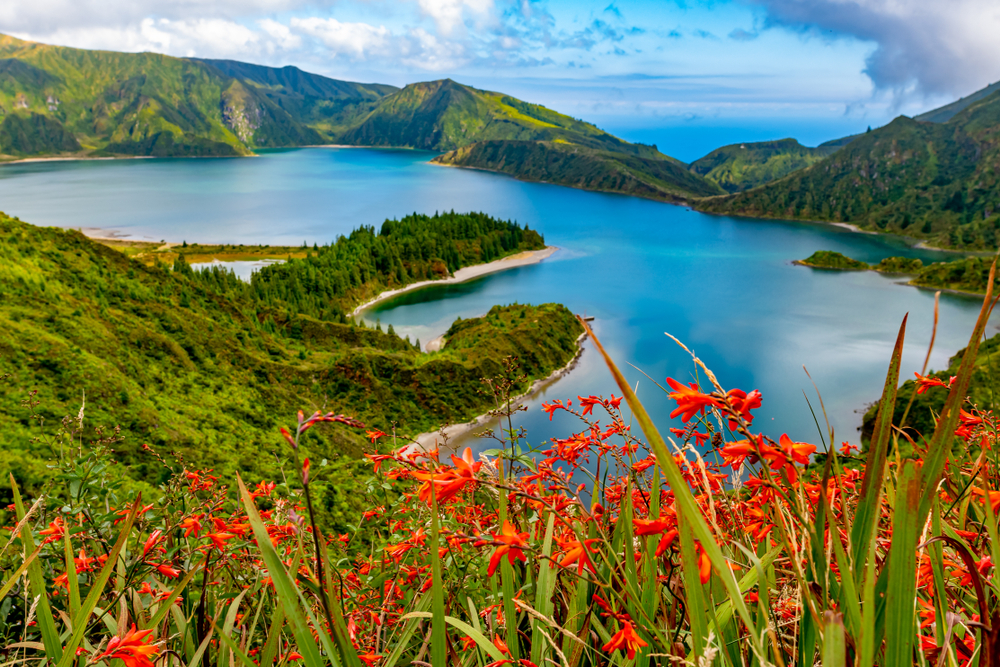 Scenic view of Lagoa do Fogo crater lake in the Azores with orange flowers in foreground