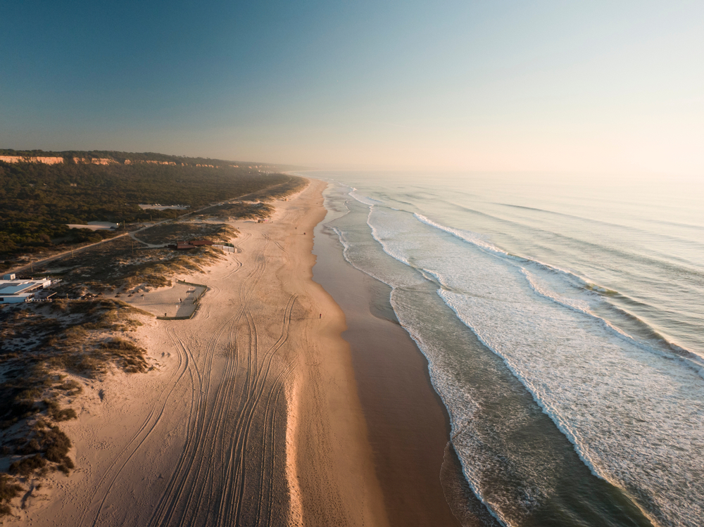 Bird's-eye view of a long, sandy beach with gentle waves at sunrise