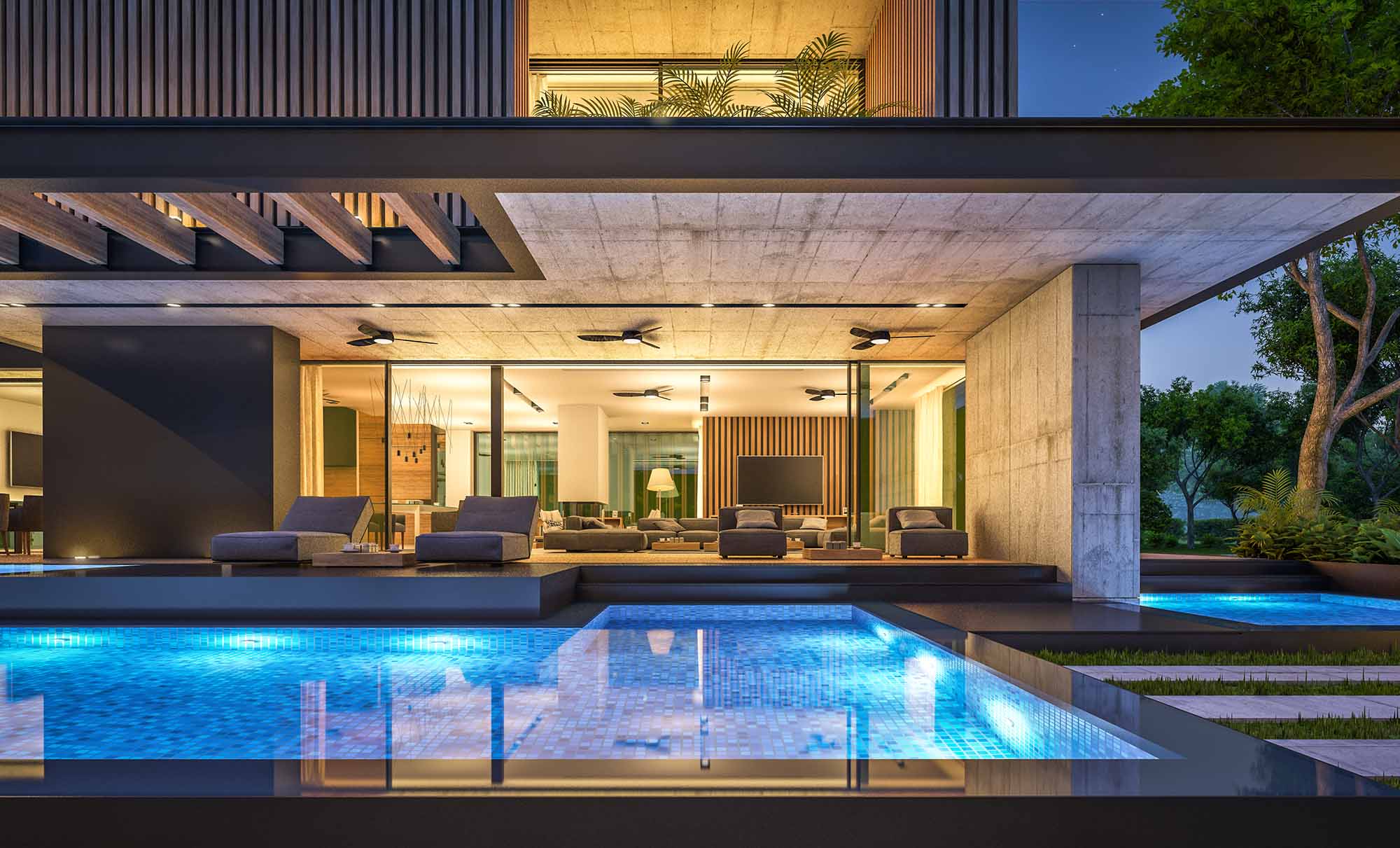 Luxury villa at night with illuminated blue pool and concrete architecture