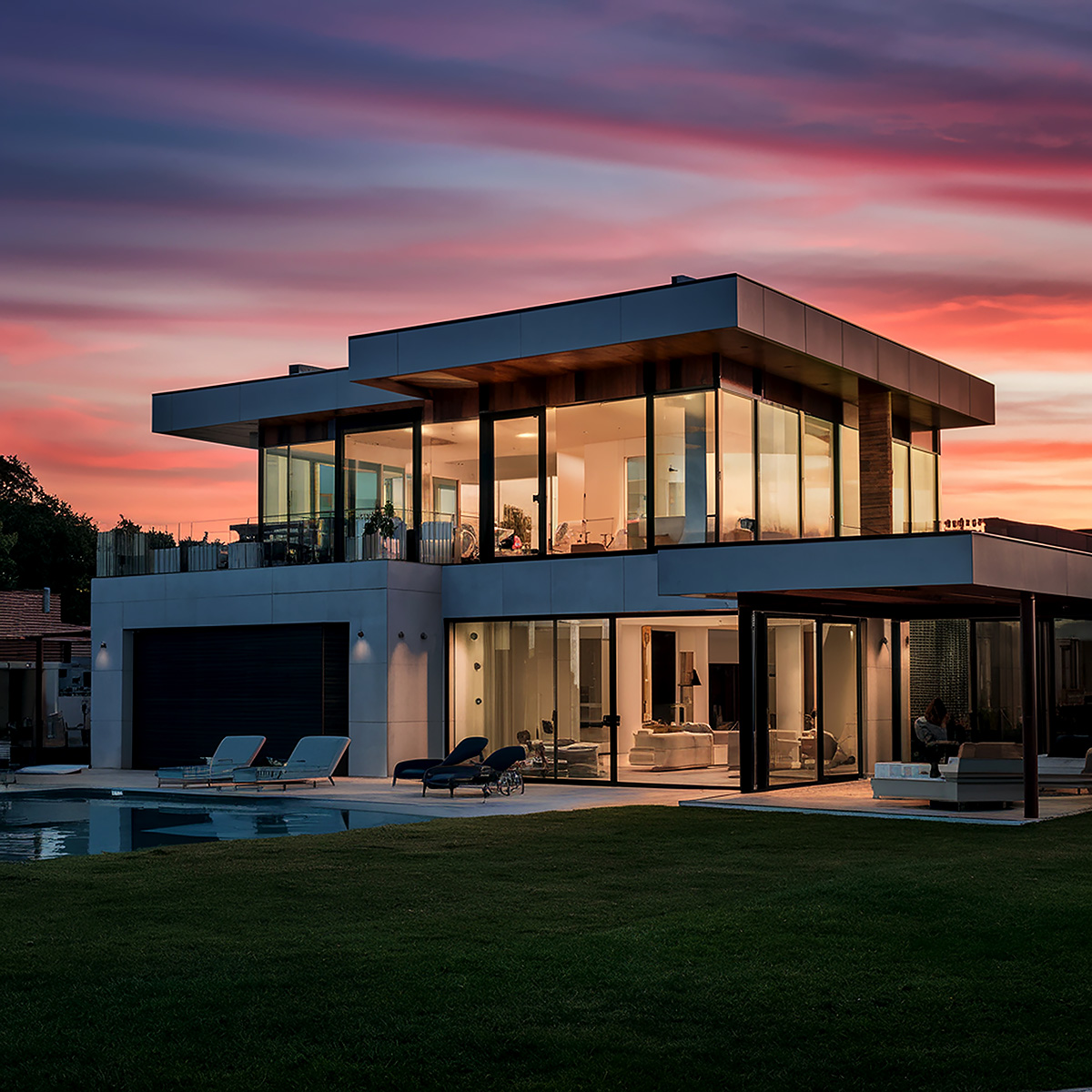 Luxury contemporary home with floor-to-ceiling glass during vibrant sunset