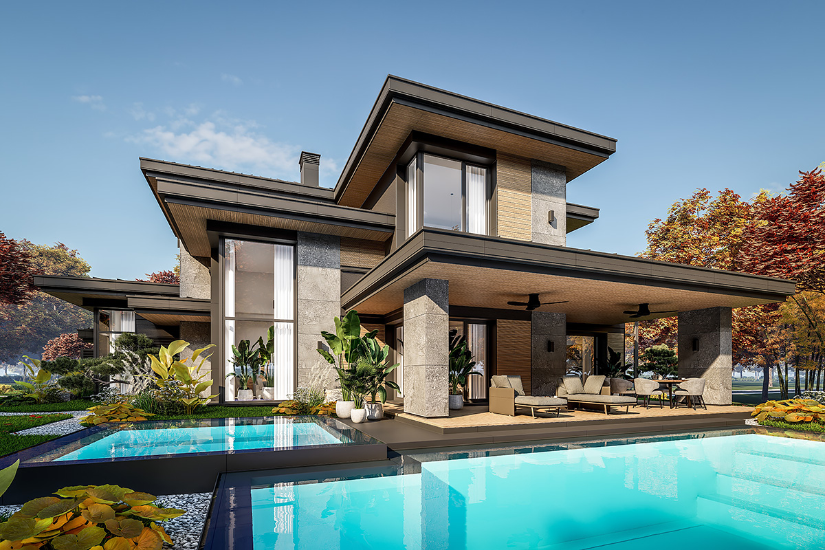 Modern two-story residence with stone facade, pool, and architectural lighting