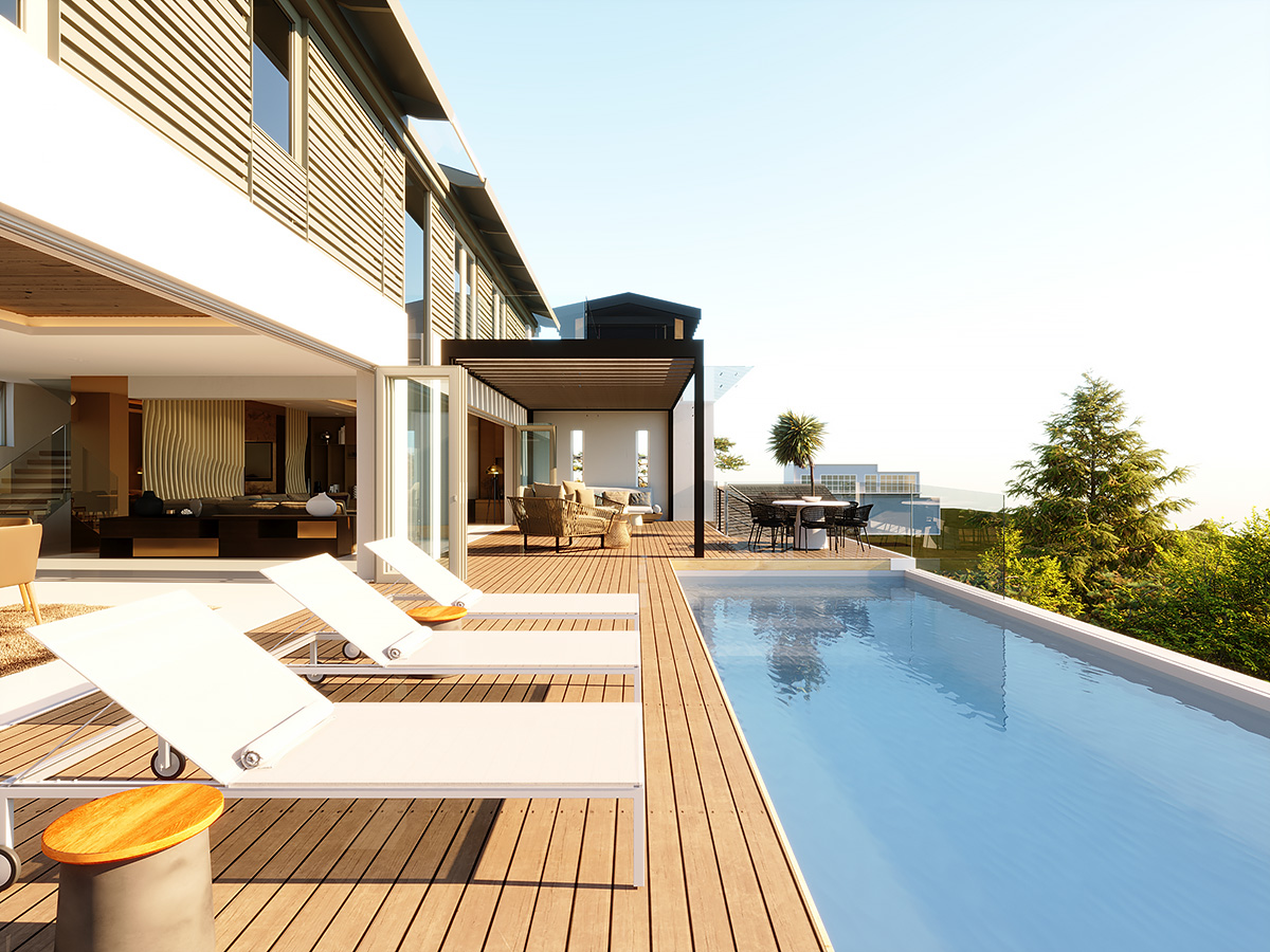 Luxury lap pool on wooden deck with white sun loungers and modern house