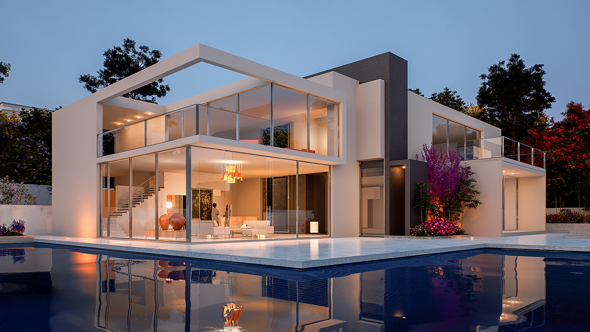 Two-story modern glass mansion at twilight with swimming pool reflection