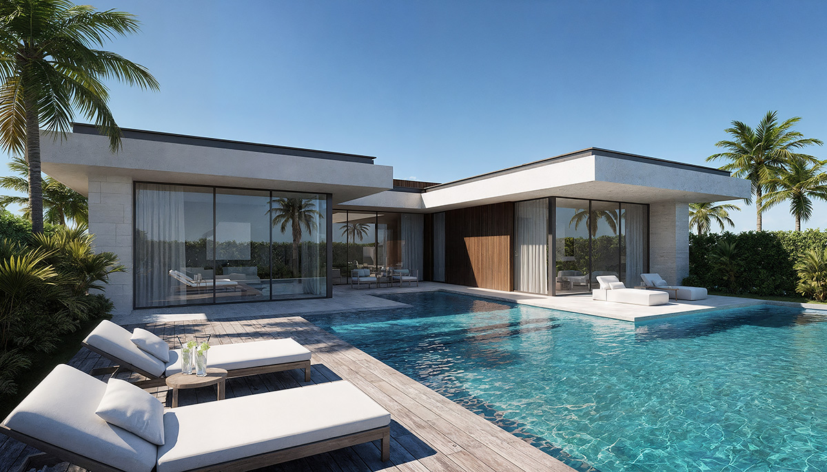 Tropical modern villa with infinity pool, palm trees and sun loungers
