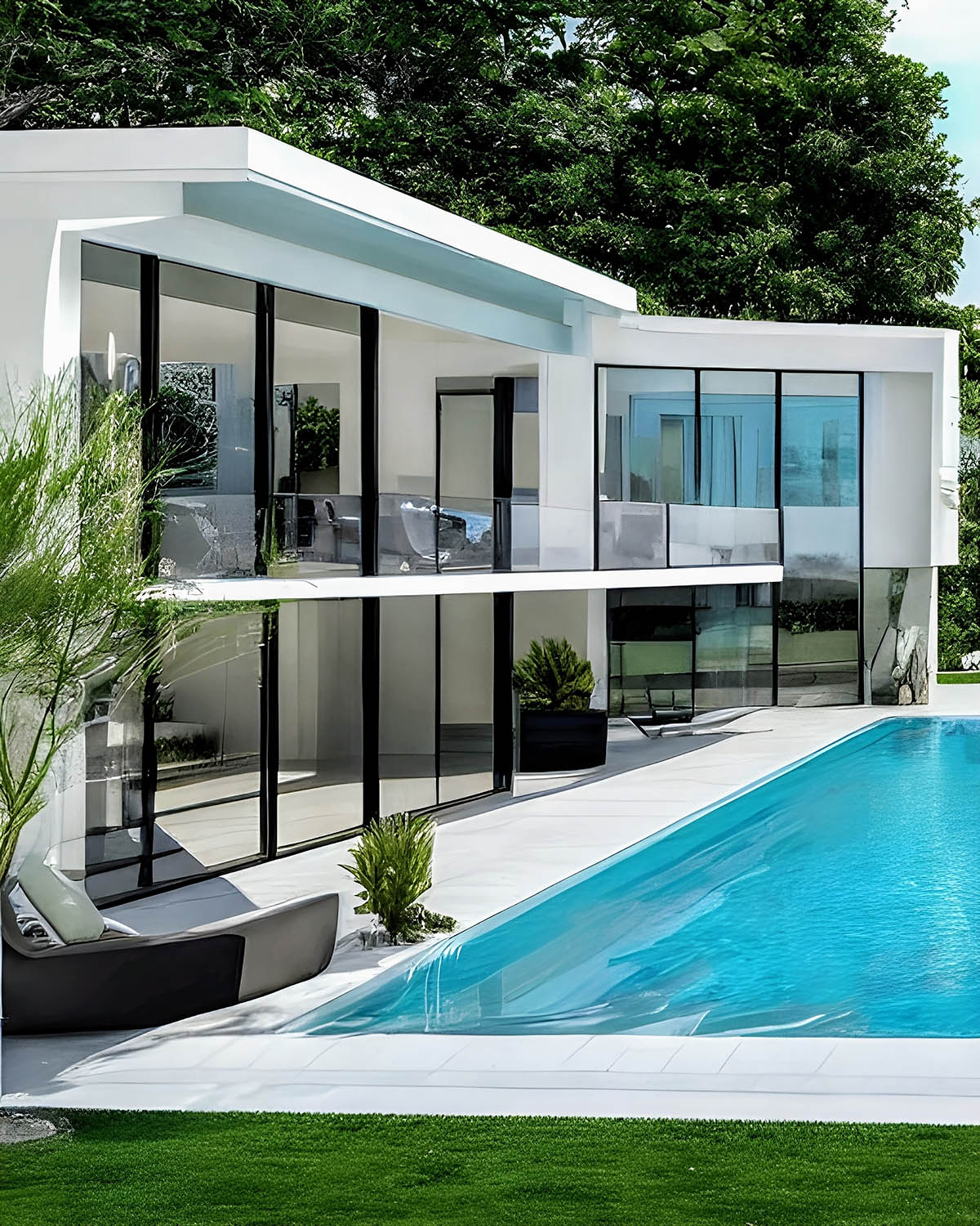 Modern curved glass villa with turquoise swimming pool and minimalist patio