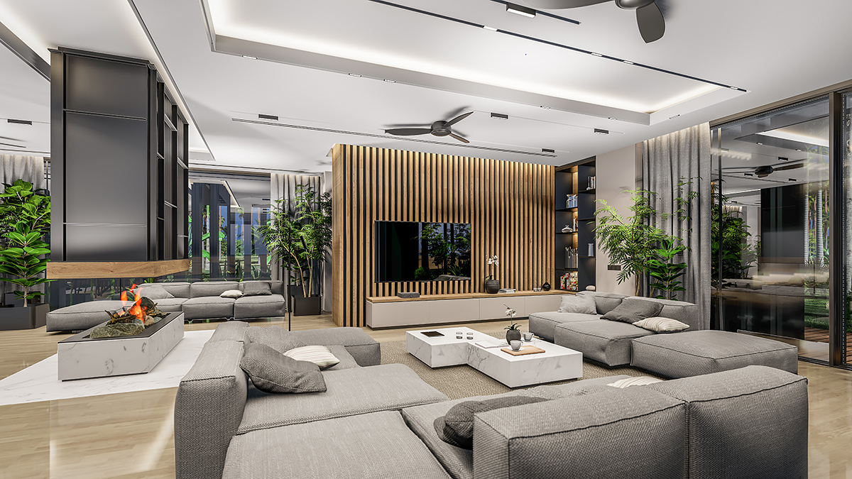 Modern living room with grey sectional, wood slat wall, and marble fireplace