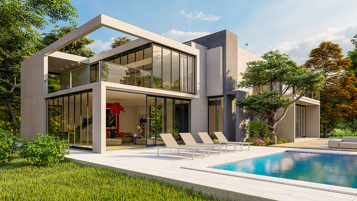 Modern two-story glass villa with swimming pool and sun loungers in daylight