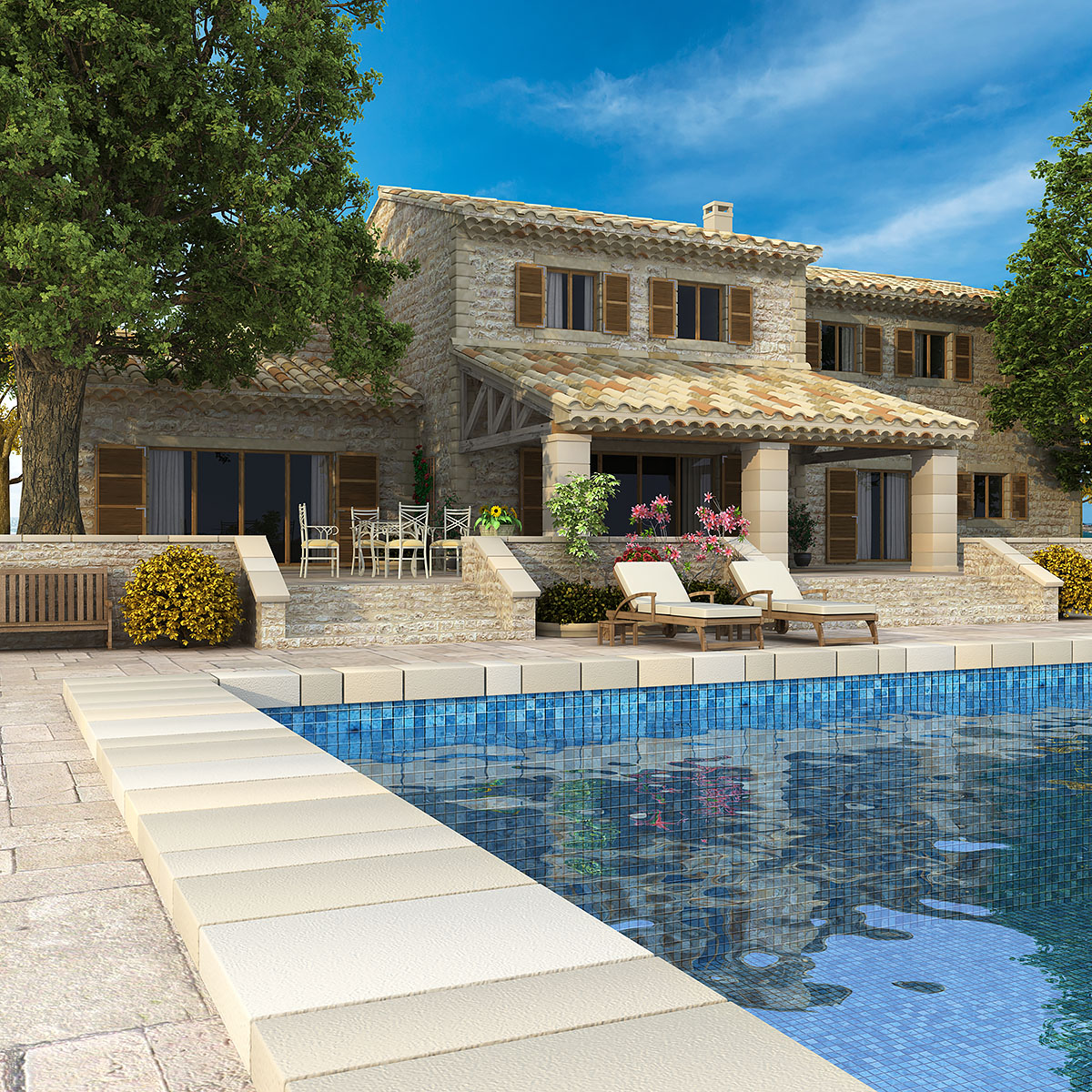 Traditional stone villa with terracotta roof, swimming pool, and sun loungers