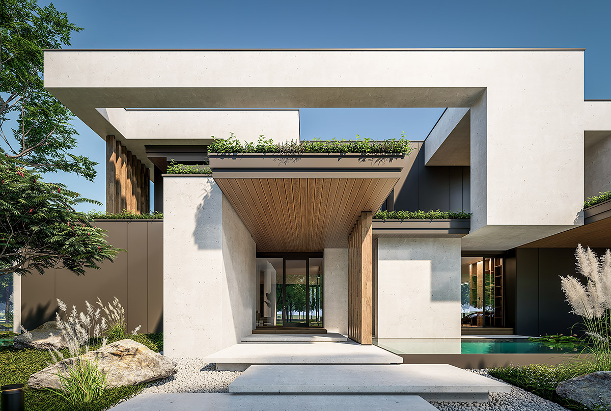 Modern luxury house with white concrete, wood accents and a reflecting pool