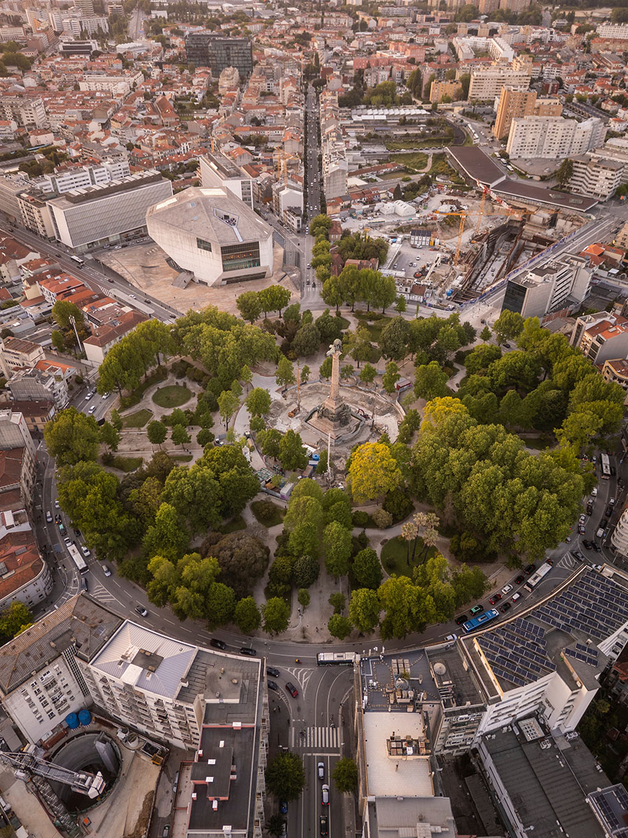 Aerial view of Casa da Música and the Rotunda da Boavista in Porto, Portugal