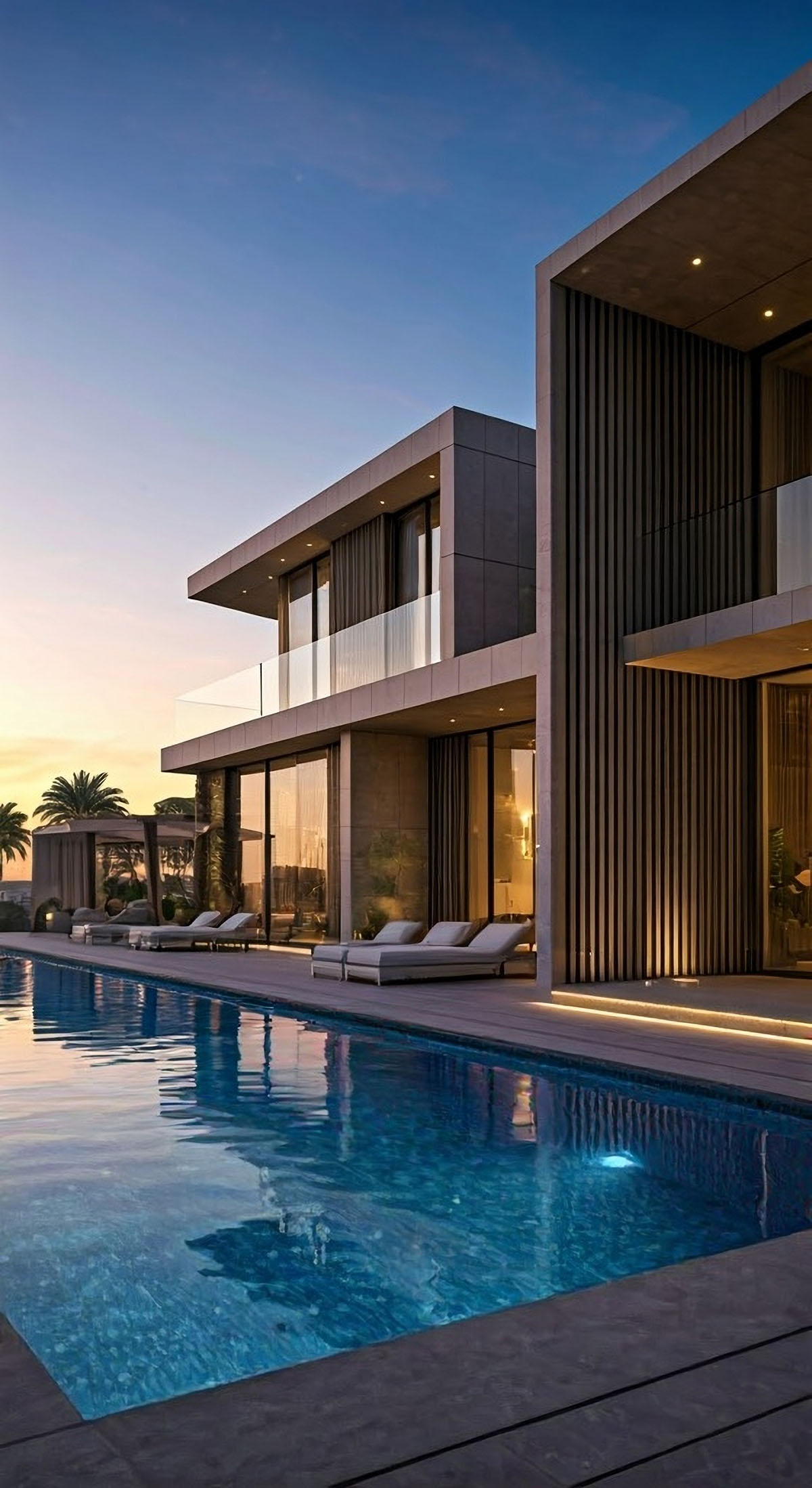 Modern architecture house with luxury swimming pool and glass railings