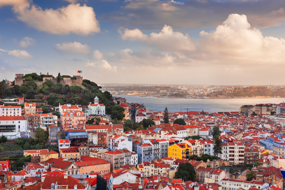 Aerial view over Lisbon and the river with iconic architecture