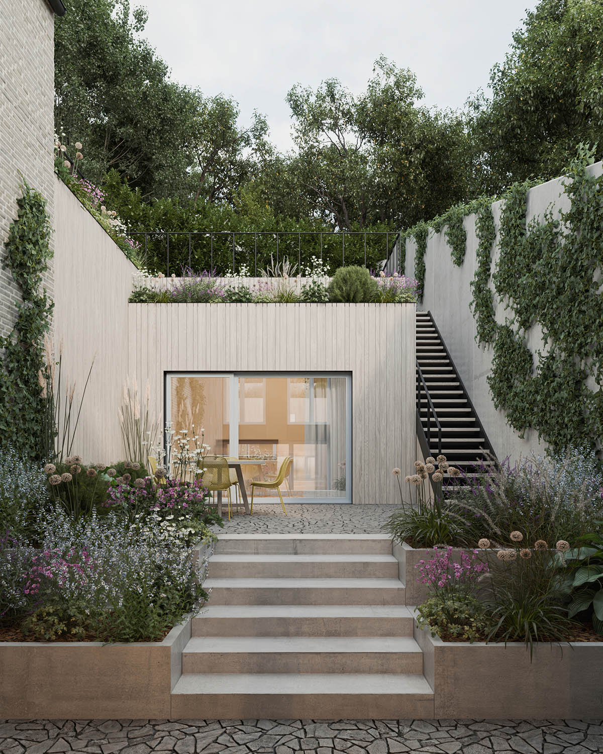 Modern sunken courtyard garden with stone steps, lush flower beds, and a wooden facade