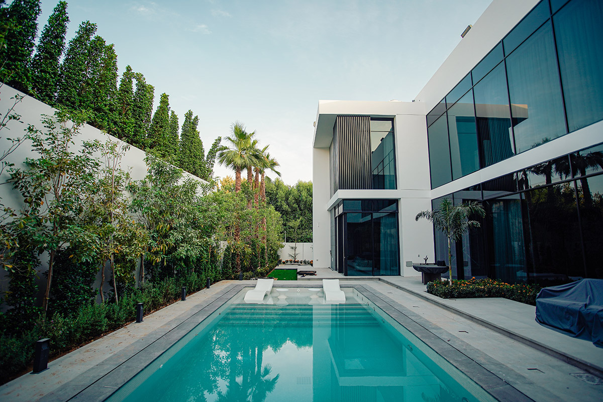 Luxury modern villa with a rectangular swimming pool, palm trees and glass walls