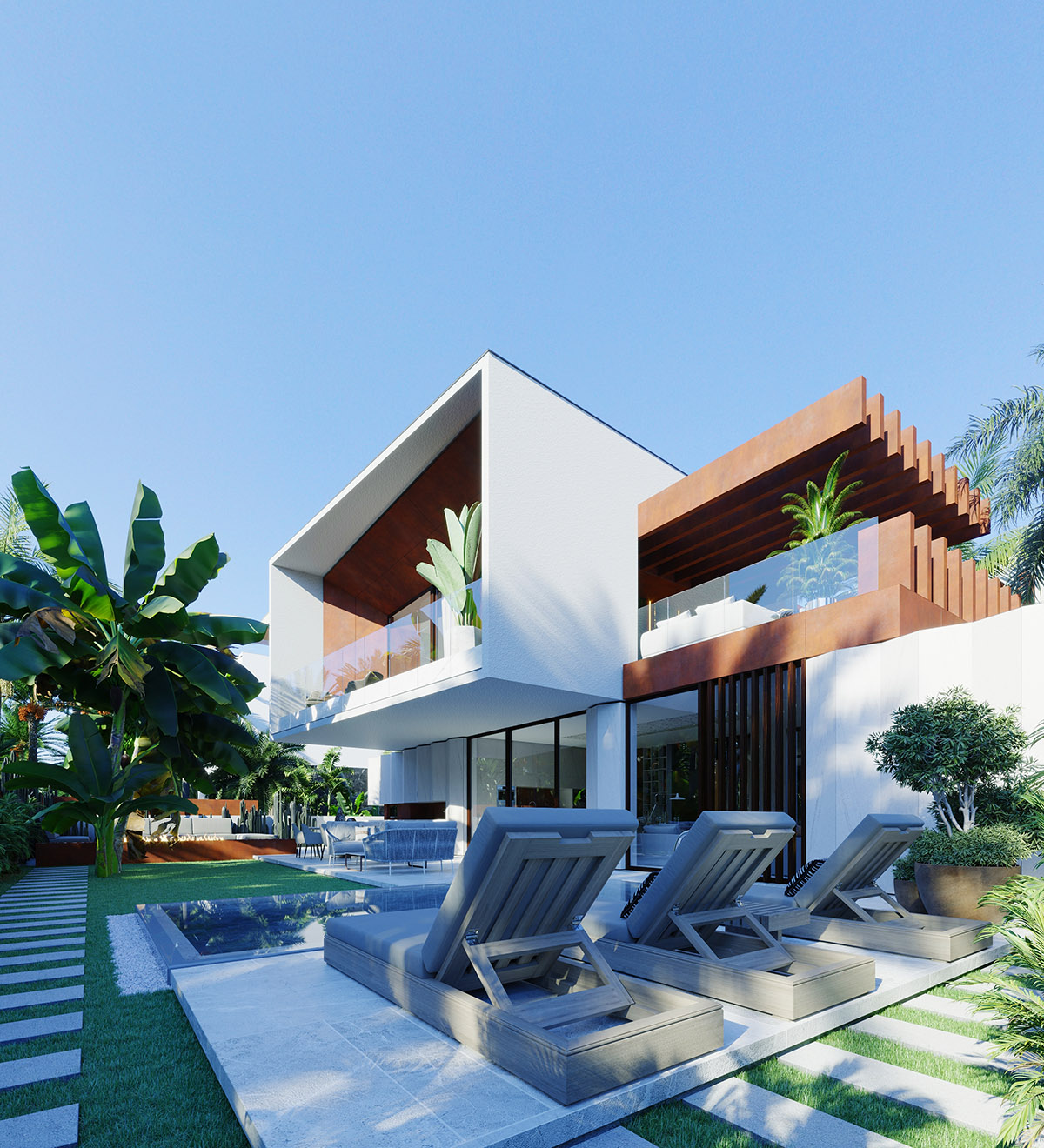 Modern villa with sleek white architecture, a private lap pool and lush tropical greenery