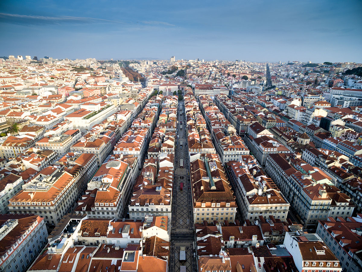 Aerial view of the district's red-tiled roofs and the Rua Augusta in Lisbon, Portugal