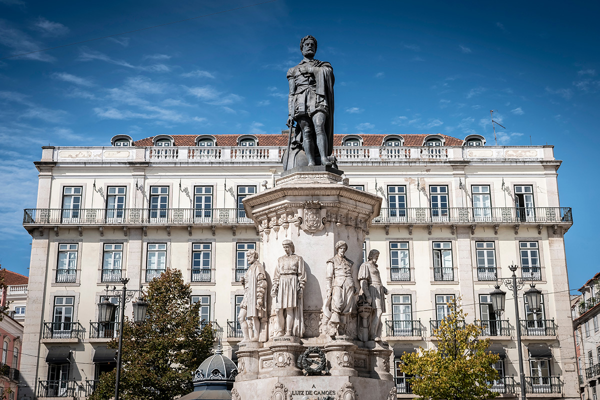 Luís de Camões statue at Praça Luís de Camões, a historic landmark in Lisbon, Portugal