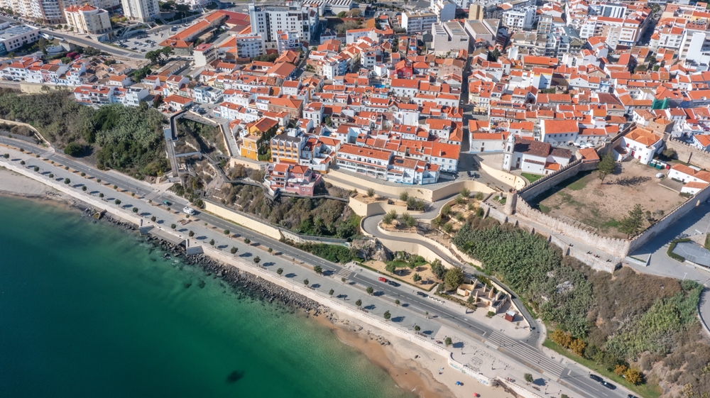 Aerial view of town in Portugal with orange tiled roofs