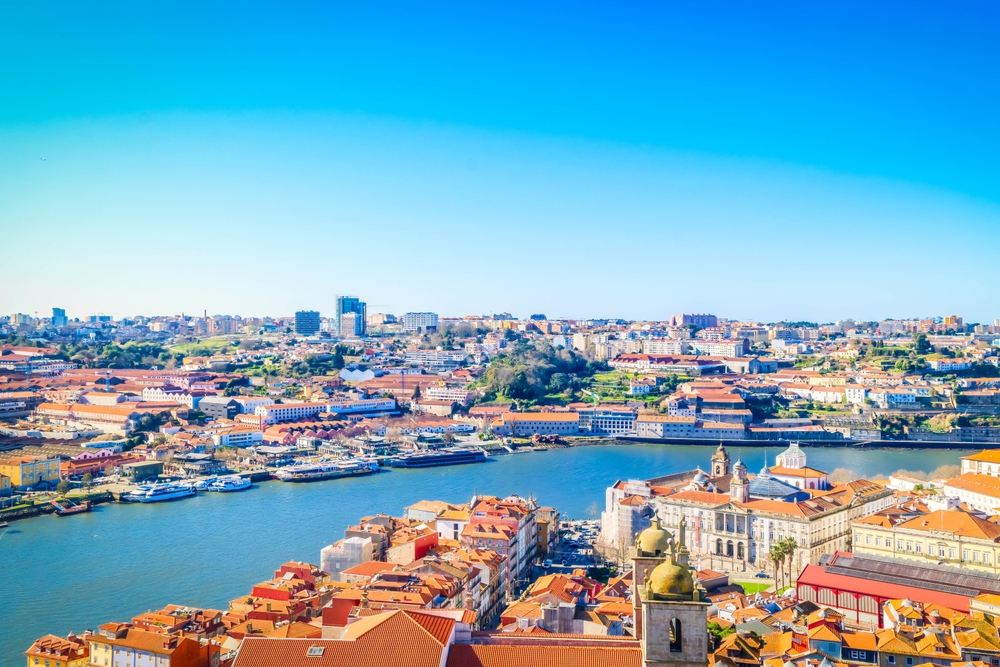 Aerial view over Porto in Portugal with the River Douro