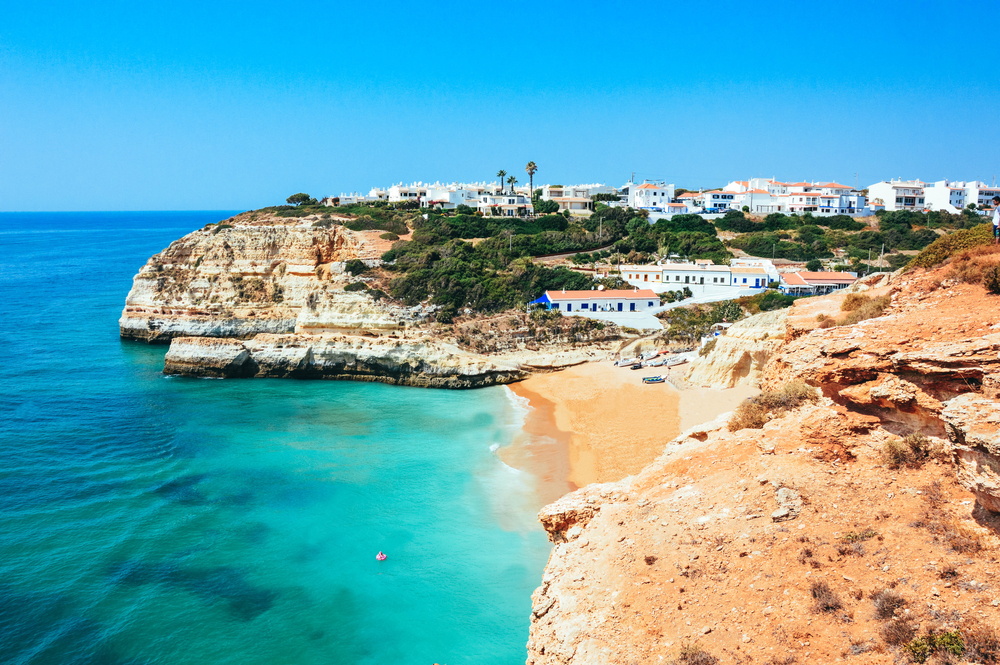 View over beach in Algarve and blue ocean