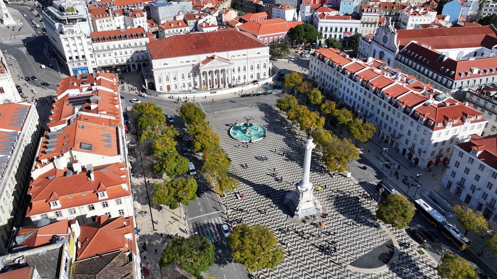 Aerial view over famous square in Portugal