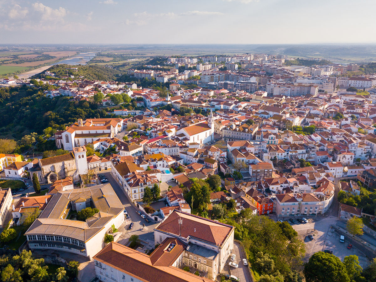 Aerial panoramic view of Santarem city with buildings and landscape, Portugal